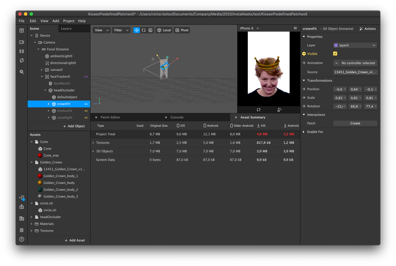 SparkAR interface; the file size is too large