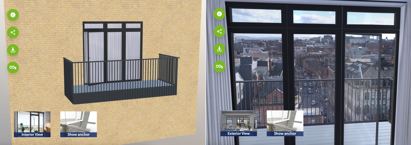 inside and outside views of the chosen balcony configuration