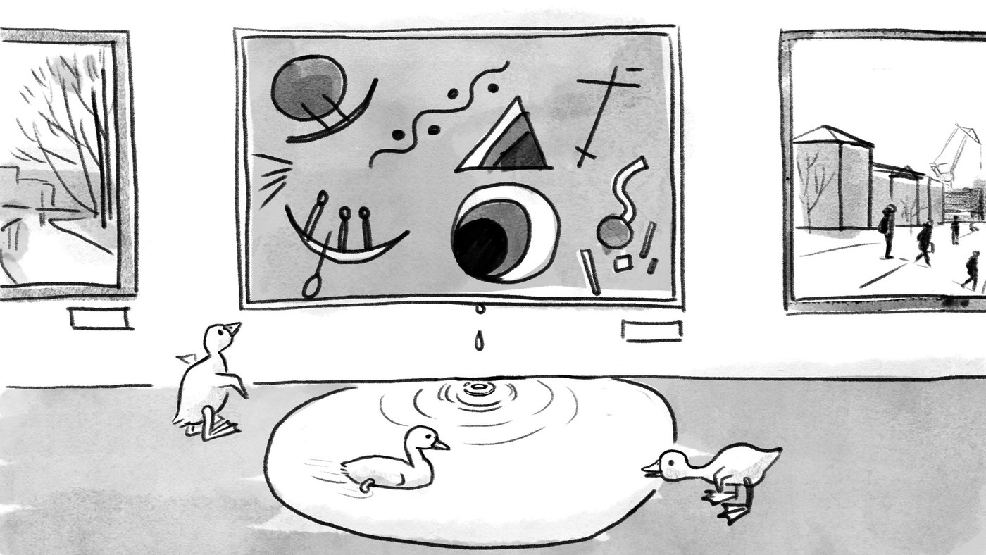 A picture: ducklings swim in a leaking abstraction