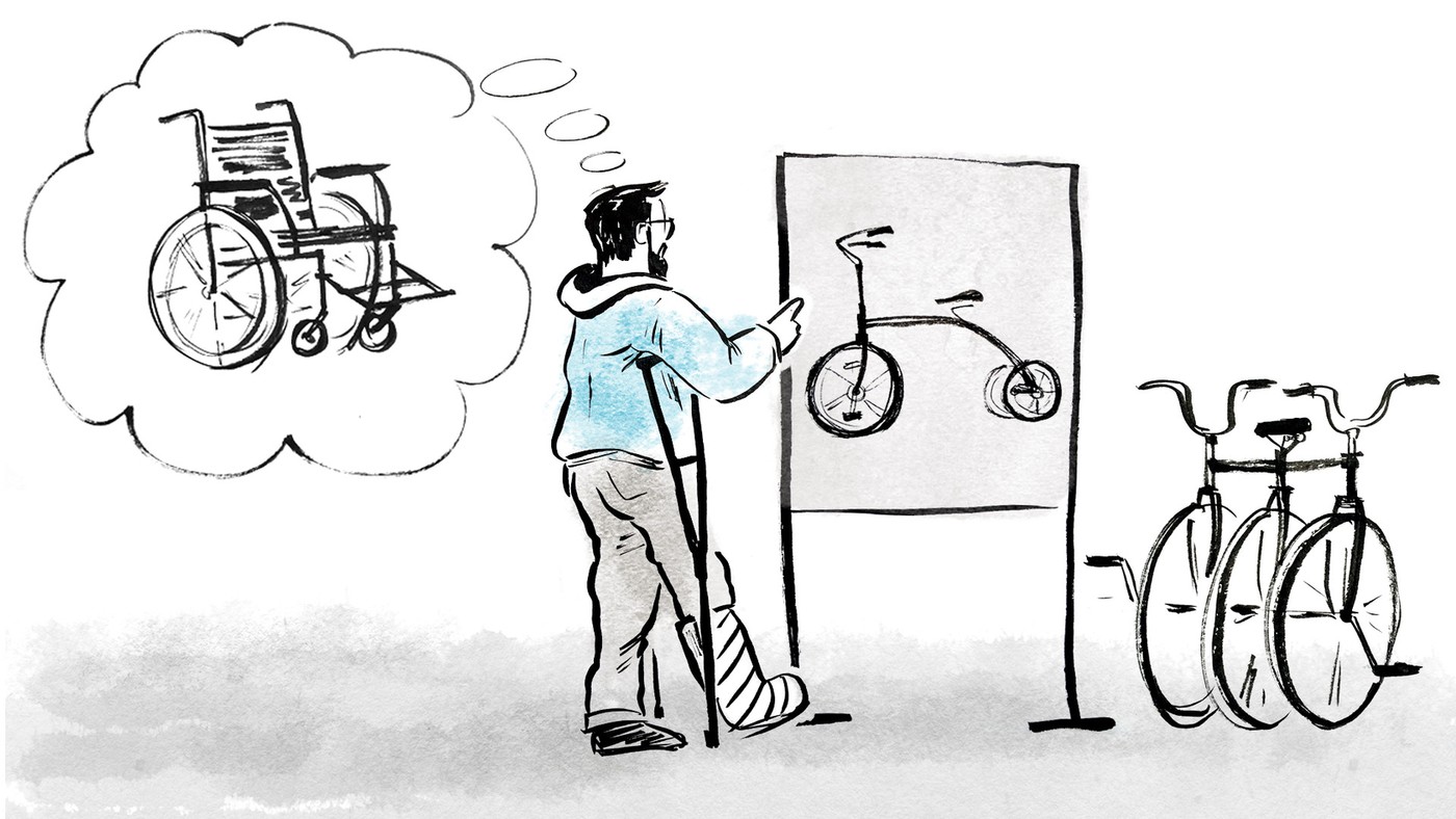 A cartoon of a man making bicycles